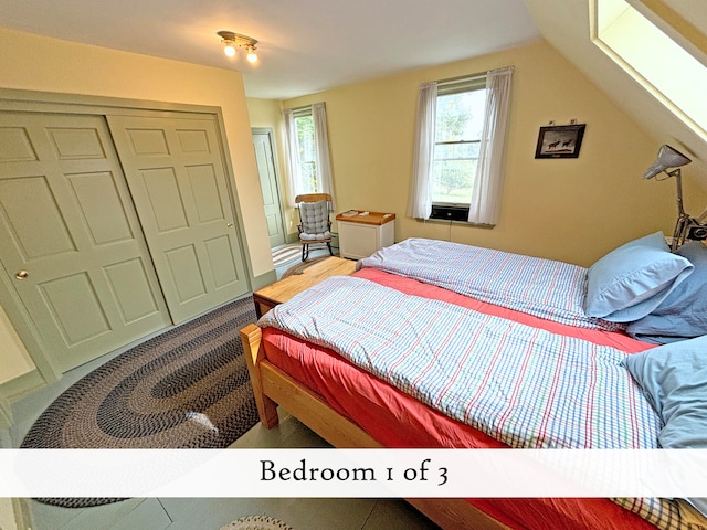 bedroom featuring a closet and lofted ceiling