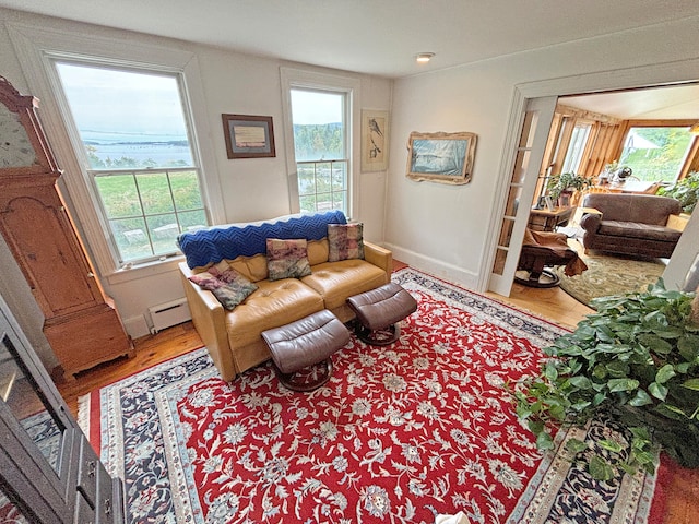 living room with plenty of natural light, wood-type flooring, and a baseboard heating unit