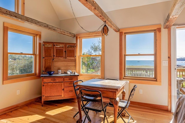 dining area with lofted ceiling, light wood-type flooring, a water view, and plenty of natural light