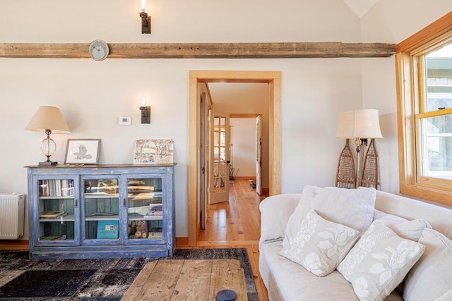 living room with lofted ceiling, hardwood / wood-style floors, and radiator heating unit