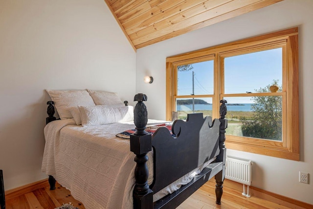 bedroom with radiator, a water view, multiple windows, and vaulted ceiling