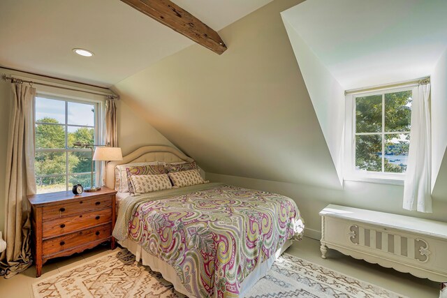 87 Carter Point Rd, Sedgwick, ME 04676 - bedroom featuring vaulted ceiling and recessed lighting