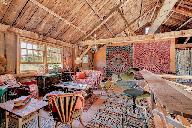 87 Carter Point Rd, Sedgwick, ME 04676 - living area with wooden ceiling and tile patterned flooring