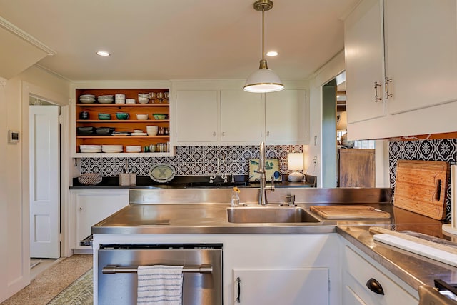 87 Carter Point Rd, Sedgwick, ME 04676 - kitchen featuring stainless steel countertops, white cabinetry, wine cooler, open shelves, and tasteful backsplash