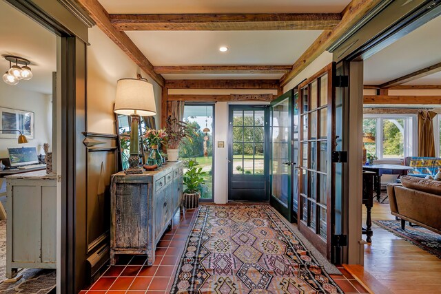 87 Carter Point Rd, Sedgwick, ME 04676 - entryway with beam ceiling, french doors, dark tile patterned flooring, and recessed lighting