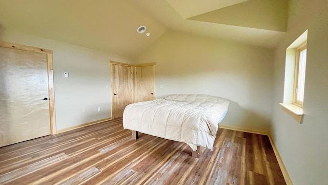 bedroom featuring vaulted ceiling and hardwood / wood-style flooring