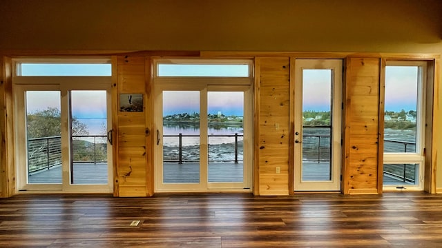 entryway with a water view, wooden walls, dark hardwood / wood-style floors, and a wealth of natural light