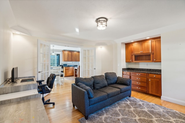 living room featuring french doors and light hardwood / wood-style flooring