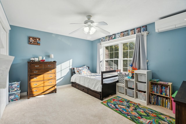 bedroom featuring an AC wall unit, ceiling fan, and carpet flooring