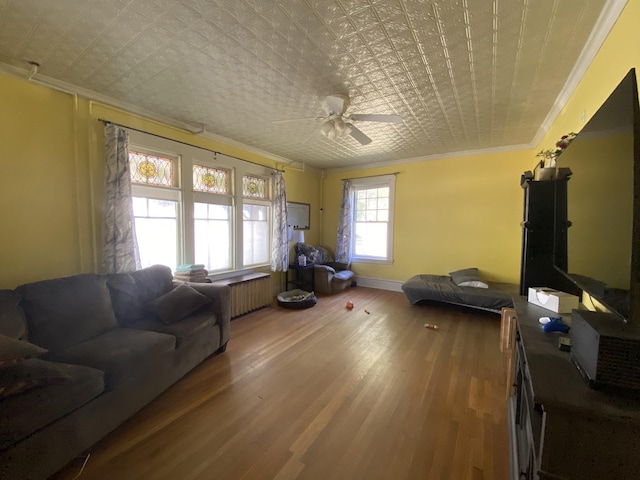 living room featuring ceiling fan, radiator, crown molding, and hardwood / wood-style floors