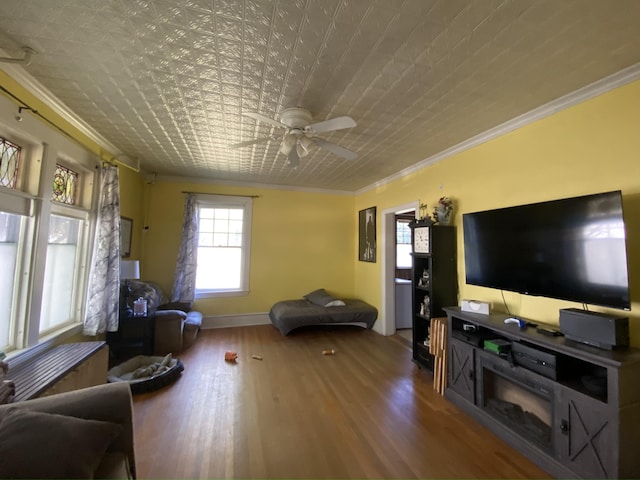 living room with crown molding, hardwood / wood-style floors, and ceiling fan