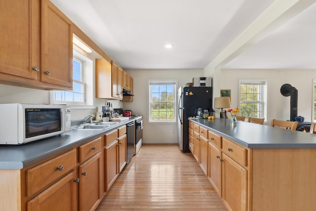 kitchen featuring appliances with stainless steel finishes, light wood-type flooring, sink, and a wood stove