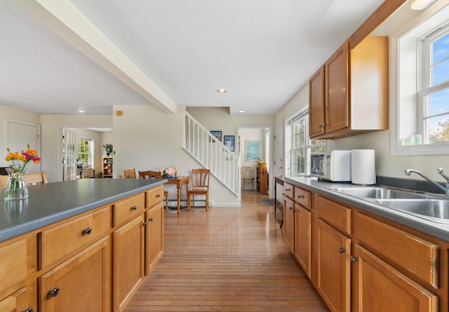 kitchen featuring a healthy amount of sunlight, light hardwood / wood-style floors, and sink