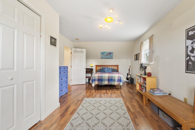 bedroom featuring hardwood / wood-style floors and a closet