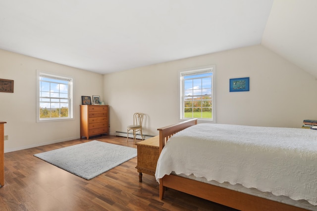 bedroom featuring multiple windows, hardwood / wood-style floors, and a baseboard radiator