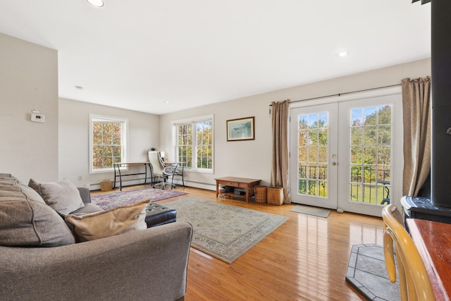 living room featuring light wood-type flooring, plenty of natural light, and french doors