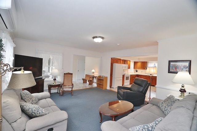 living room with crown molding, carpet, and a wall mounted air conditioner