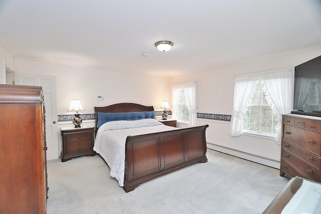 carpeted bedroom with a baseboard radiator and ornamental molding