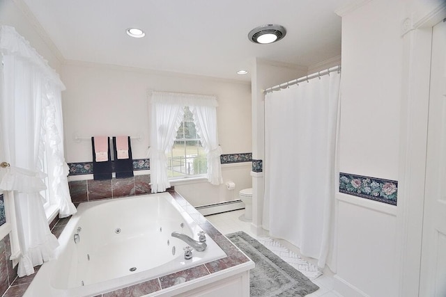 bathroom featuring toilet, ornamental molding, a baseboard radiator, and tiled bath