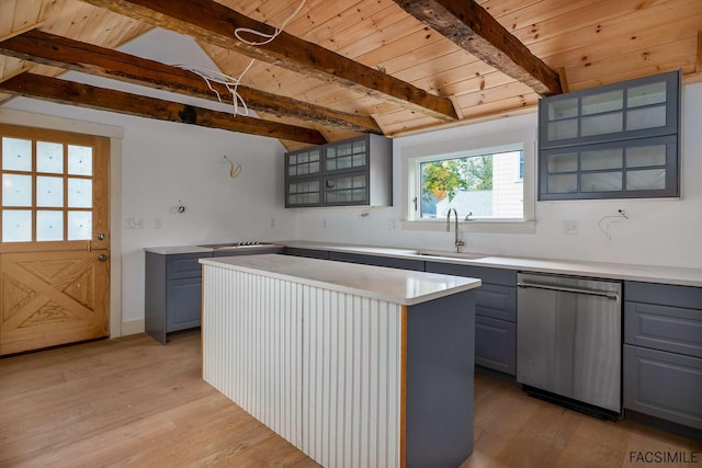 kitchen featuring gray cabinetry, dishwasher, sink, and a kitchen island