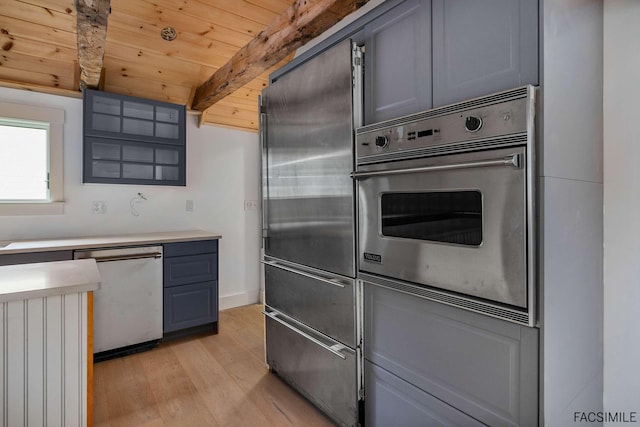 kitchen with wood ceiling, beamed ceiling, stainless steel appliances, and light hardwood / wood-style flooring