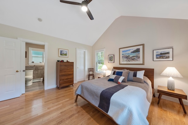 bedroom with light hardwood / wood-style floors, a baseboard heating unit, ensuite bath, and ceiling fan