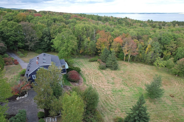 bird's eye view featuring a wooded view and a water view