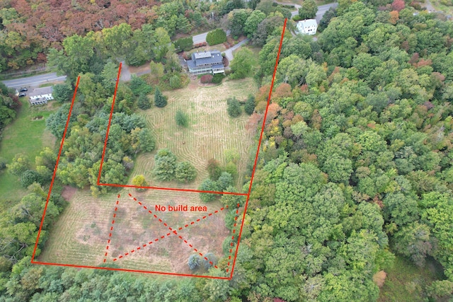 drone / aerial view featuring a wooded view