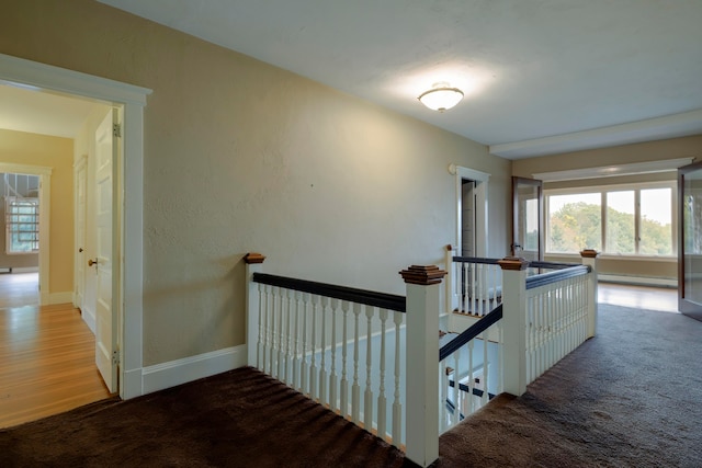 hallway with baseboard heating and light carpet