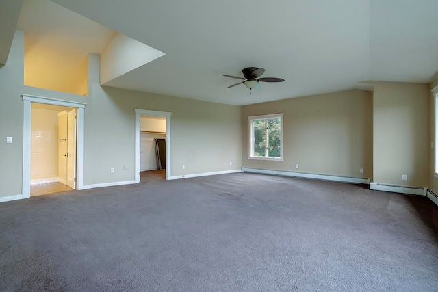 empty room with a baseboard radiator, dark colored carpet, and ceiling fan