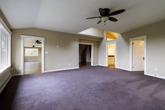 unfurnished living room with a baseboard radiator, ceiling fan, dark colored carpet, and vaulted ceiling