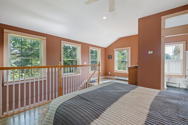 bedroom with a baseboard radiator, recessed lighting, baseboards, vaulted ceiling, and baseboard heating