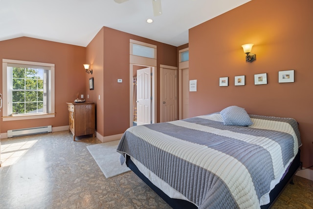 bedroom featuring a ceiling fan, lofted ceiling, baseboards, and baseboard heating