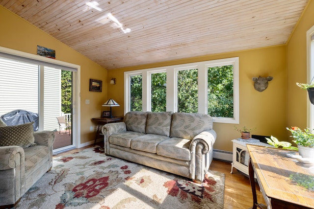 living room with wooden ceiling, a baseboard heating unit, baseboards, vaulted ceiling, and light wood-style floors