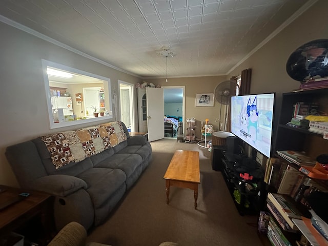 living room featuring light carpet and crown molding