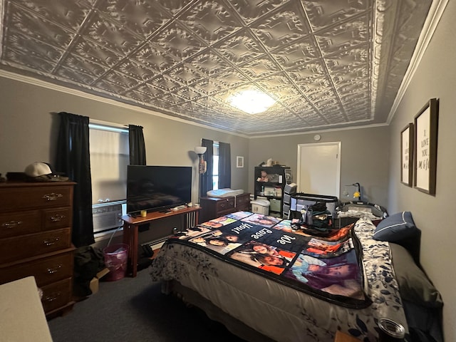 carpeted bedroom with ornamental molding