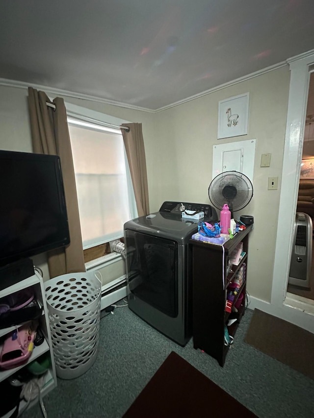 laundry area featuring carpet, ornamental molding, and washing machine and clothes dryer