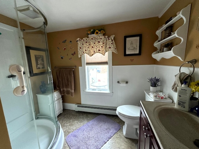 bathroom featuring baseboard heating, walk in shower, vanity, and toilet