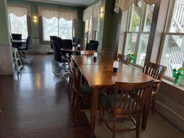 dining area featuring wood walls and dark wood-type flooring