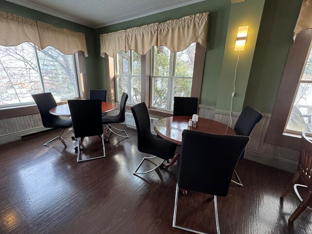 dining room featuring ornamental molding, a textured ceiling, and dark wood-type flooring