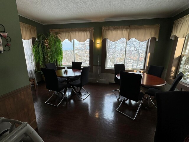 dining space with a textured ceiling, ornamental molding, wood walls, and dark wood-type flooring