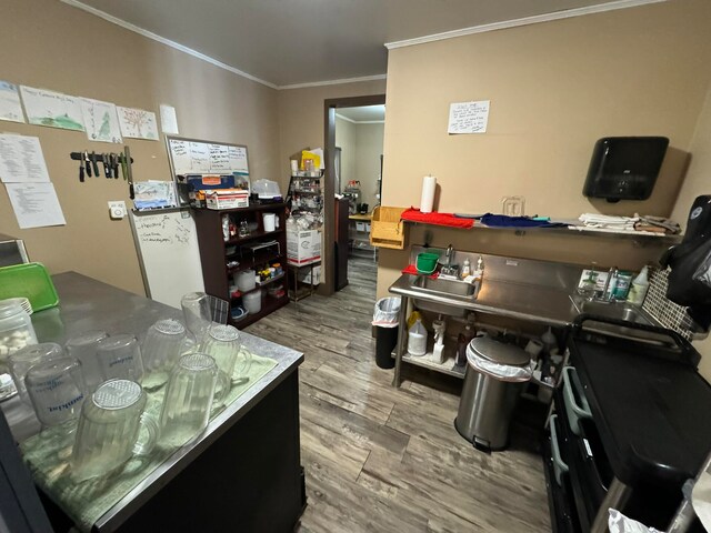 office area with crown molding and light hardwood / wood-style flooring