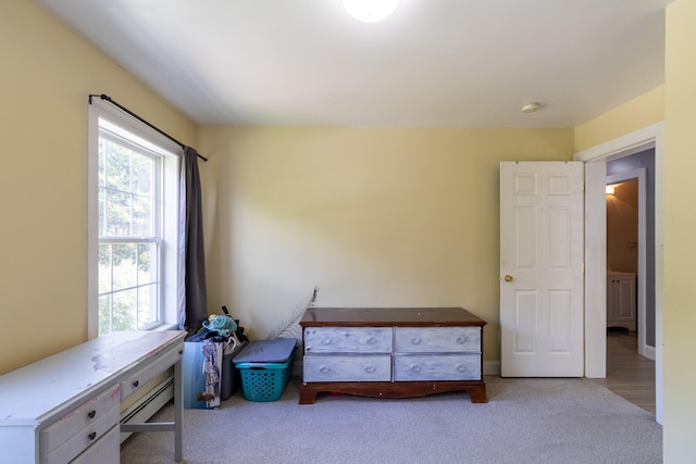 bedroom with light colored carpet