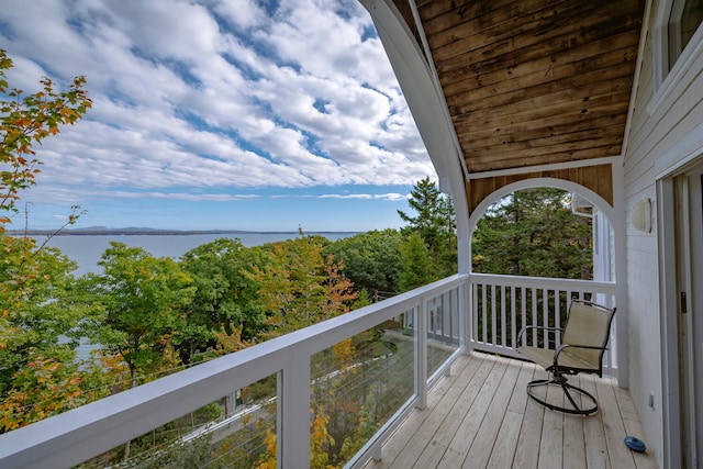 deck featuring a water view