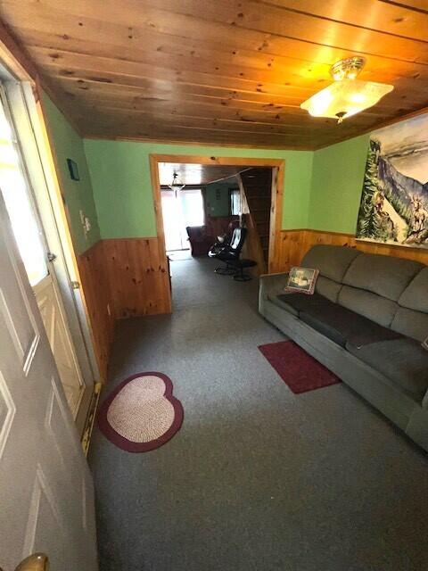 living room with wood walls, carpet flooring, wood ceiling, and a wainscoted wall