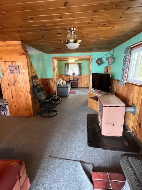 carpeted living room with wood walls, a wainscoted wall, and wooden ceiling