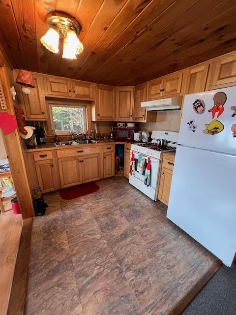 kitchen featuring white appliances, a ceiling fan, under cabinet range hood, wooden ceiling, and a sink