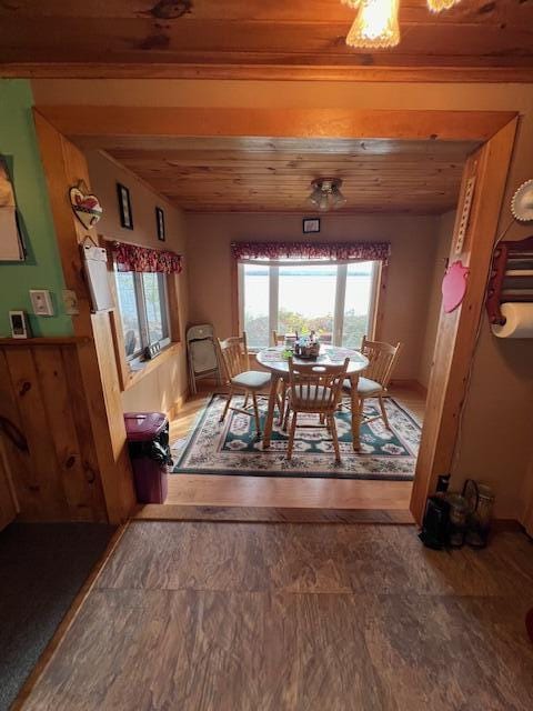 dining room with wood finished floors and wood ceiling