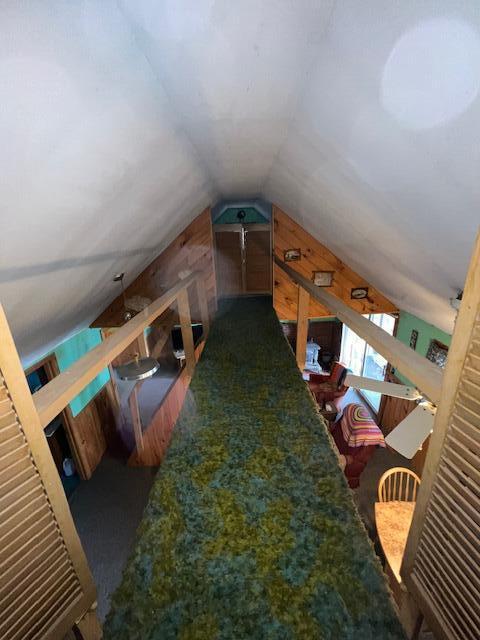 bonus room with wood walls and lofted ceiling