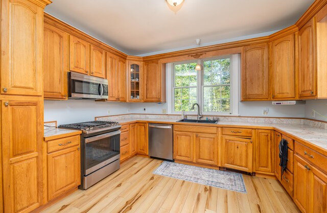 kitchen with appliances with stainless steel finishes, light wood-type flooring, and sink